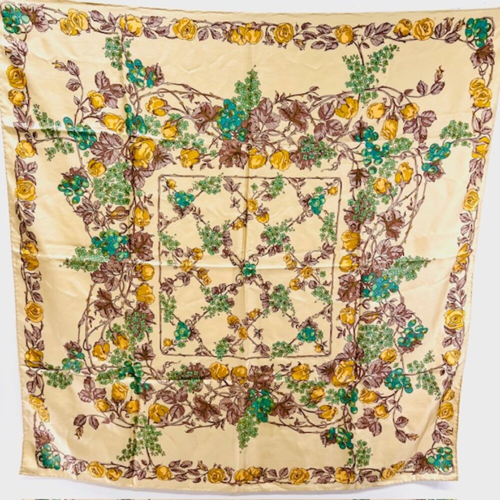 Vintage Unused Liberty  Silk Satin  Scarf 34"i light gold beige blue floral (99) - Picture 5 of 7